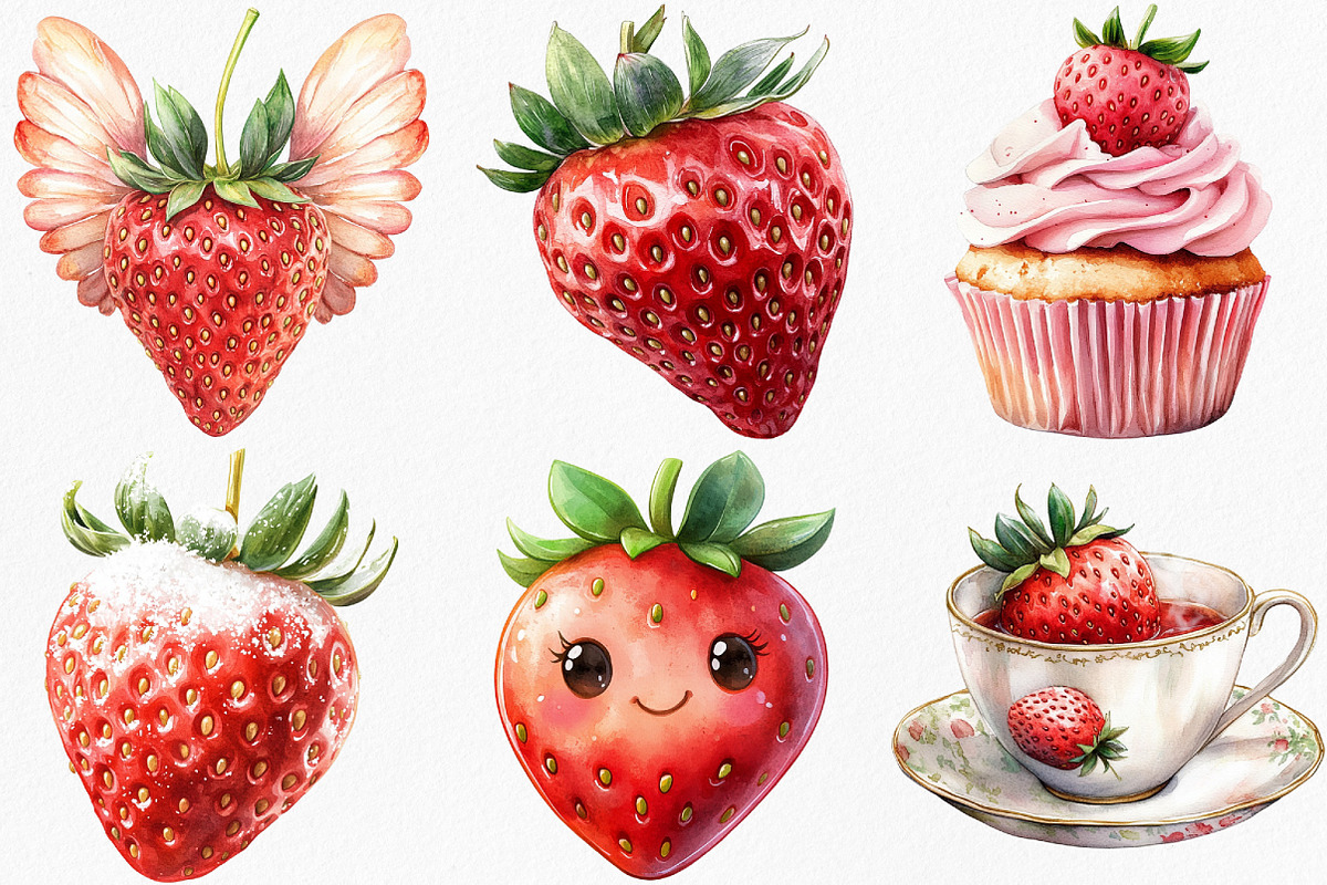Watercolor Sweet Strawberry Clipart, an Illustration by Canvas Craft (Photo 2 of 8)