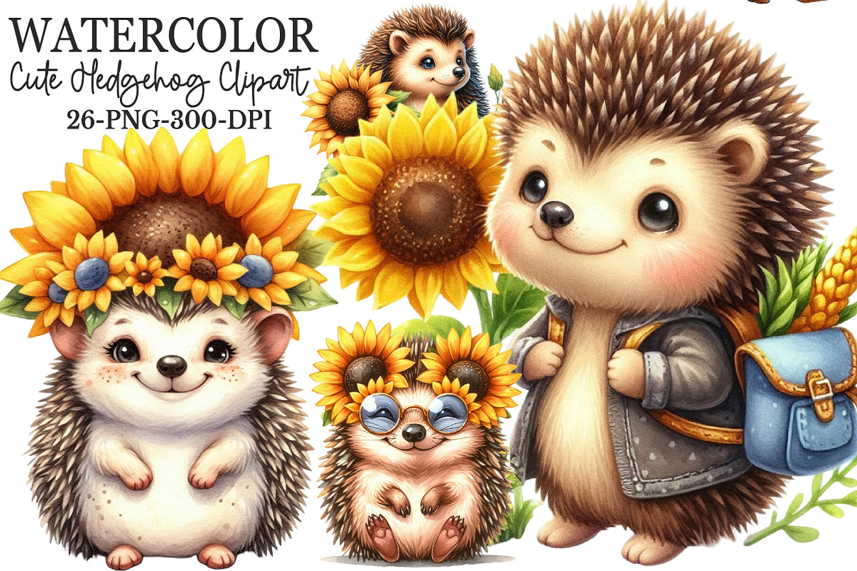 Cute Hedgehog & Sunflower Clipart, an Illustration by Rose Art (Photo 1 of 7)