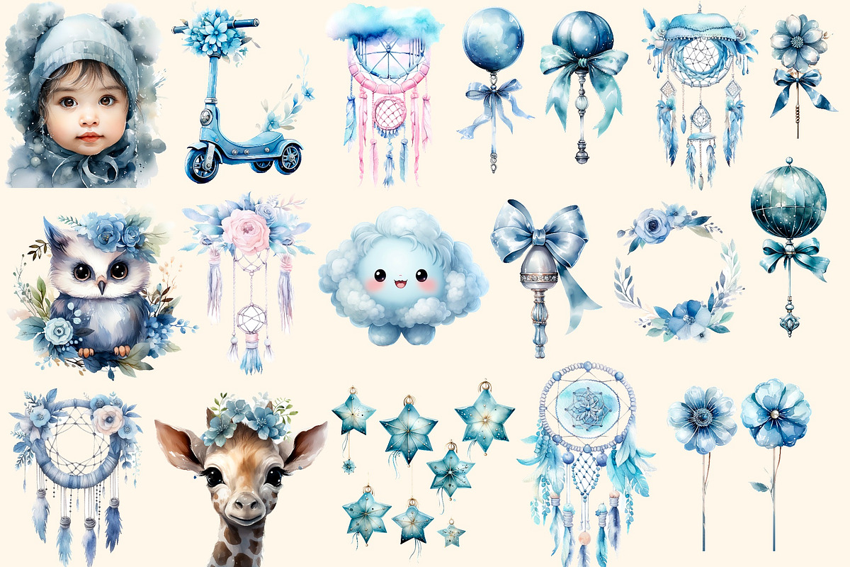 Blue dreams, Boho watercolor clipart, an Illustration by Hello My Print (Photo 9 of 10)