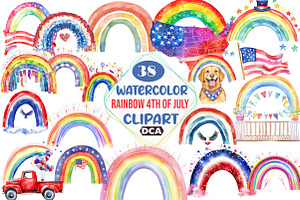 Watercolor Rainbow 4th of July, an Illustration by DreamCafeArt