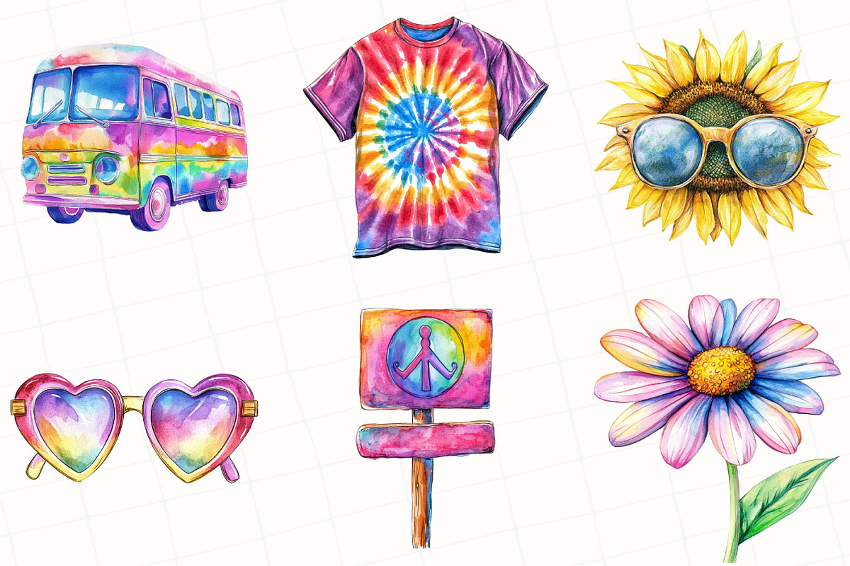 Kawaii 60s Groovy Watercolor Clipart, an Illustration by OK Design (Photo 3 of 5)