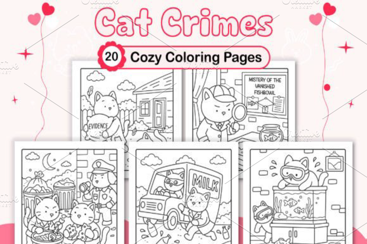 Cozy Cat Crimes Cute Coloring Pages, a Decorative Illustration by Ink Gallery (Photo 1 of 4)
