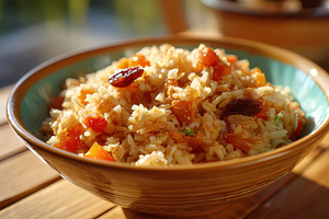 Delicious rice bowl with vegetables and dried fruits, a Food & Drink Photo by AlyaAnd