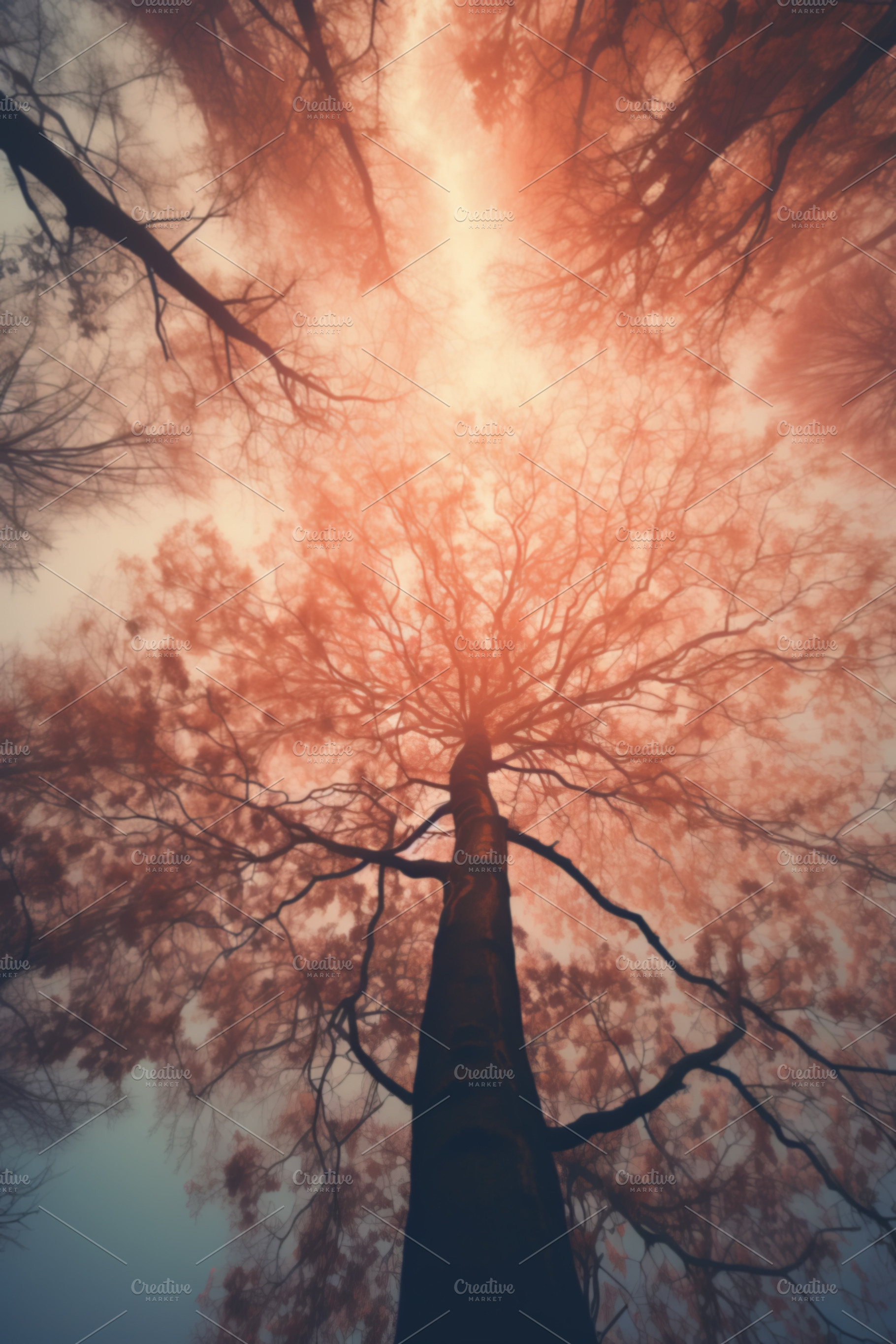 Blurred, mystical, natural background of trees. Bottom view, an Abstract Photo by Natalia Klenova's Shop