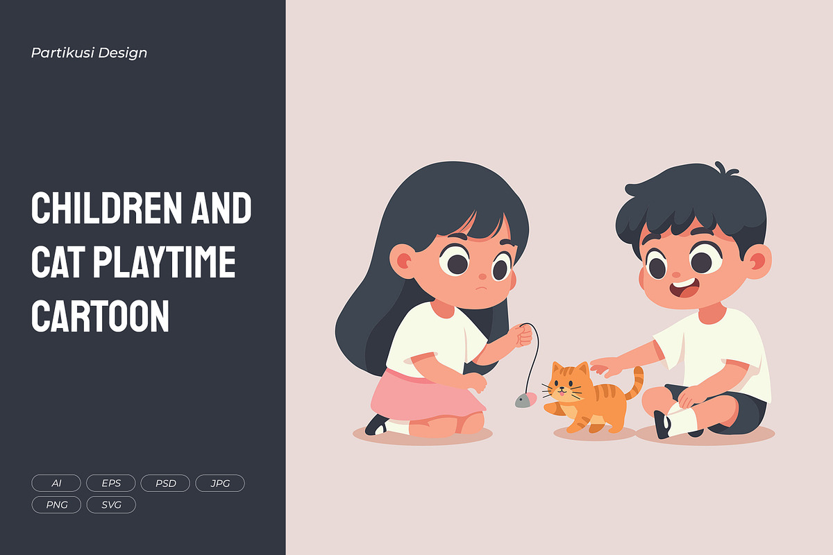 Children and Cat Playtime Cartoon, a Person Illustration by Partikusi Design (Photo 1 of 3)