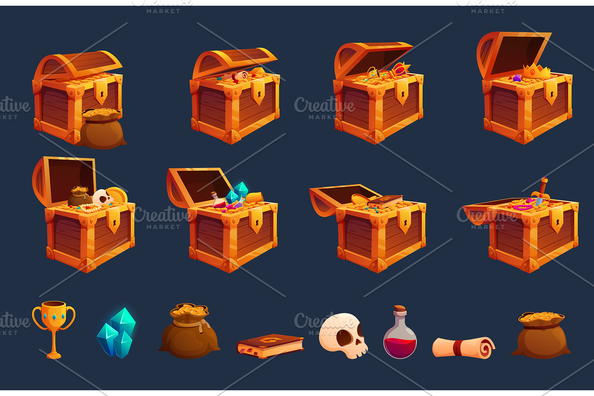 Cartoon open treasure wooden chests, an Illustration by Valerie Bodnar