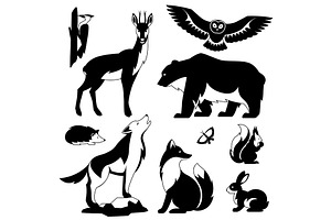 Set Of Woodland Forest Animals And Birds. Stylized Illustration