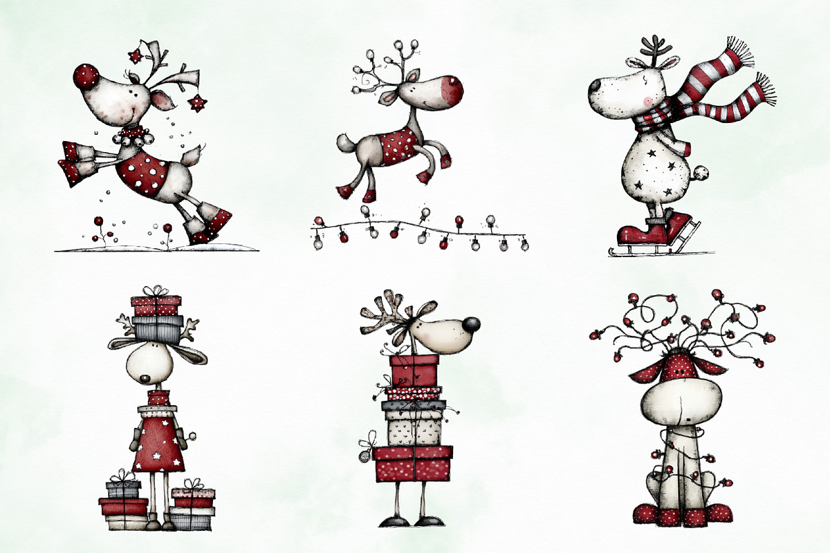 Whimsical Christmas Reindeer Clipart, an Illustration by Creative Art (Photo 3 of 13)