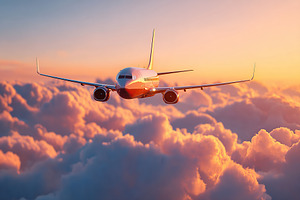 Jet cruising smoothly above vibrant, fluffy clouds during a stunning sunset sky, a Photo by AlyaAnd