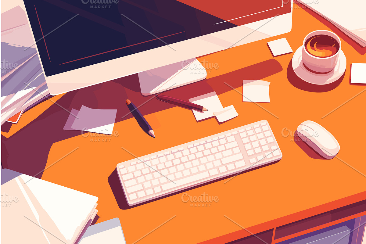 Top view of a computer desk littered, a Technology Illustration by LadadikArt