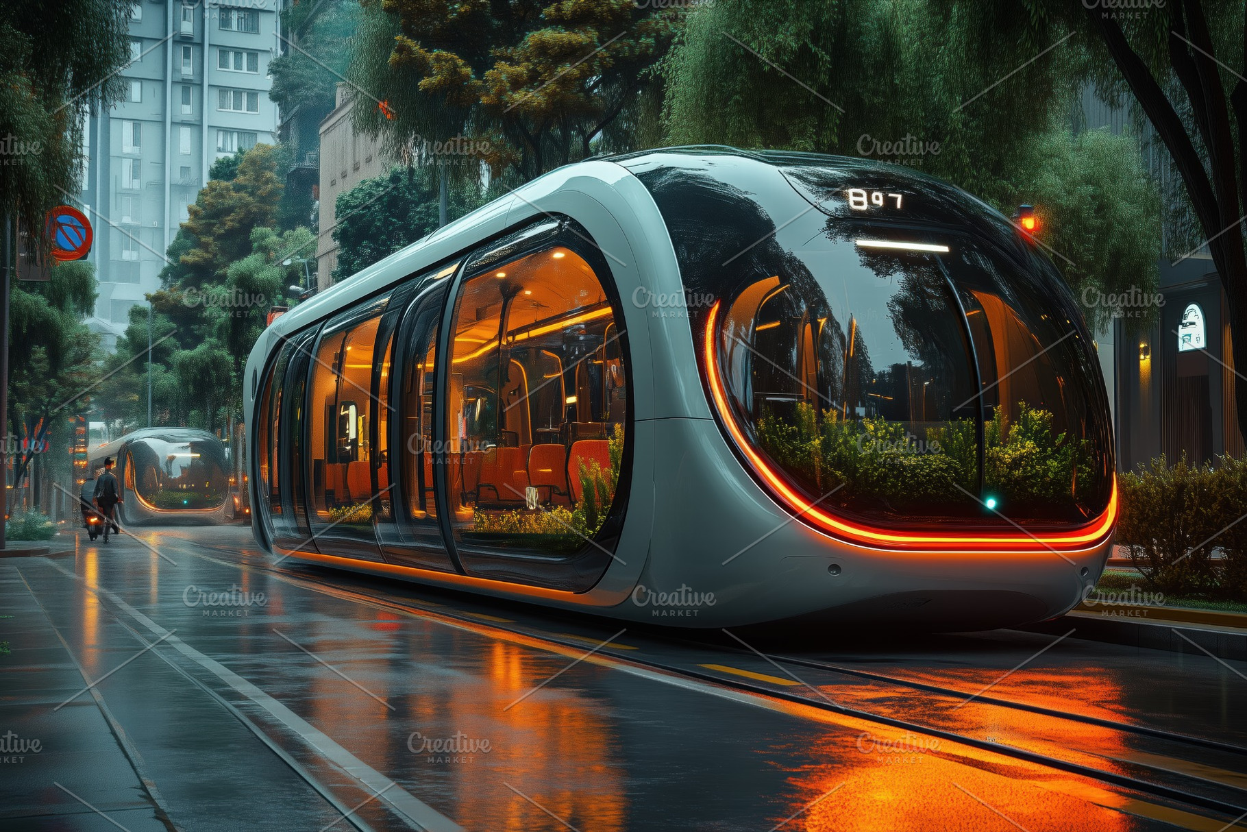 Futuristic tram on a rainy city street, featuring sleek design with ...