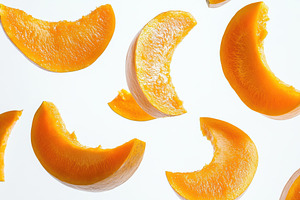 Bright orange pumpkin slices floatin, a Photo by Tanuart