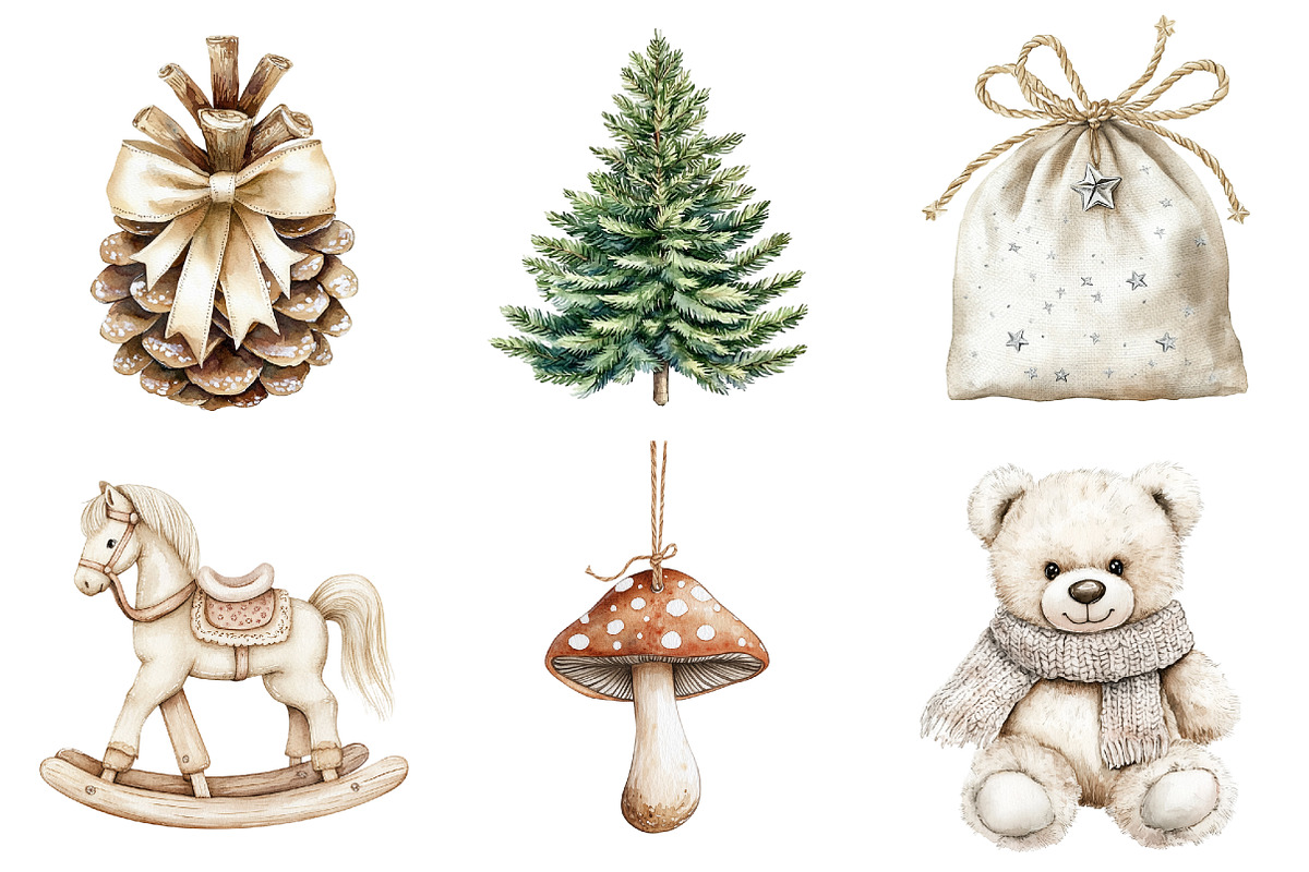Watercolor Neutral Christmas Clipart, a Seasonal Illustration by CitraGraphics (Photo 3 of 6)