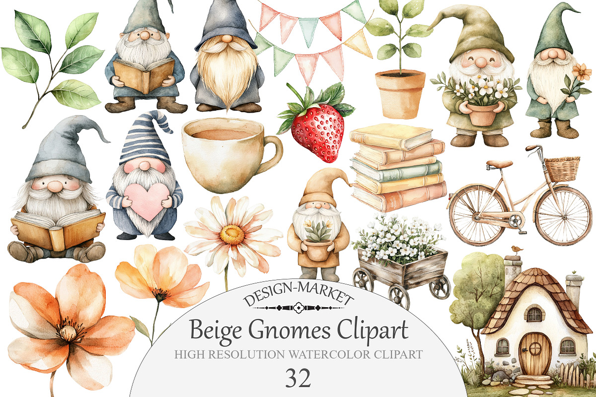 Watercolor Beige Gnomes Clipart, an Illustration by Design Market (Photo 1 of 4)