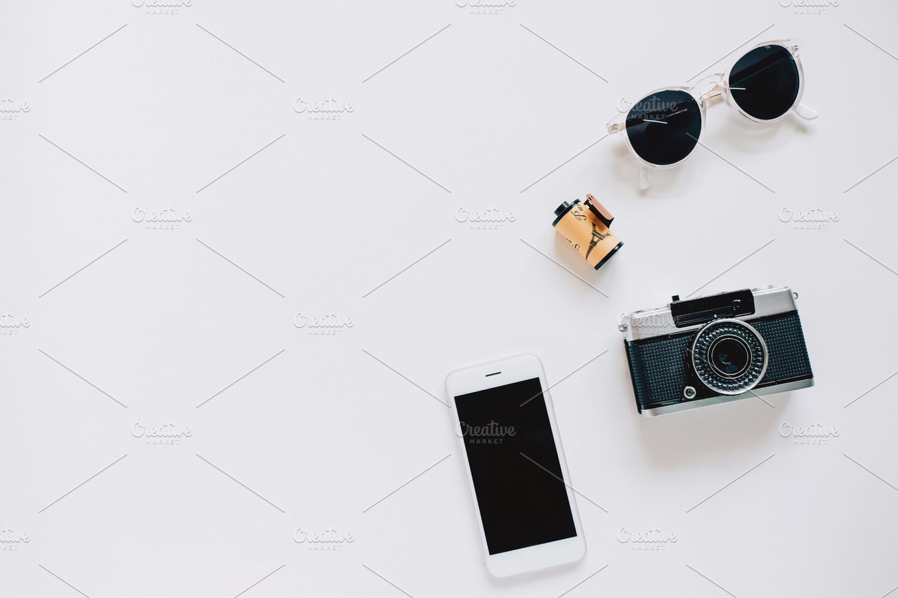 Creative flat lay with film camera, an Arts & Entertainment Photo by Nuchylee Photo