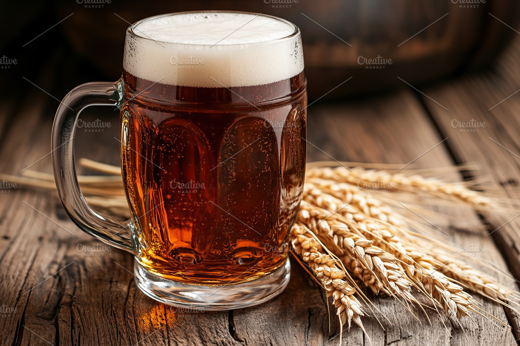 Glass of cold and fresh beer with wheat ears on wooden table, a Food & Drink Photo by AlyaAnd