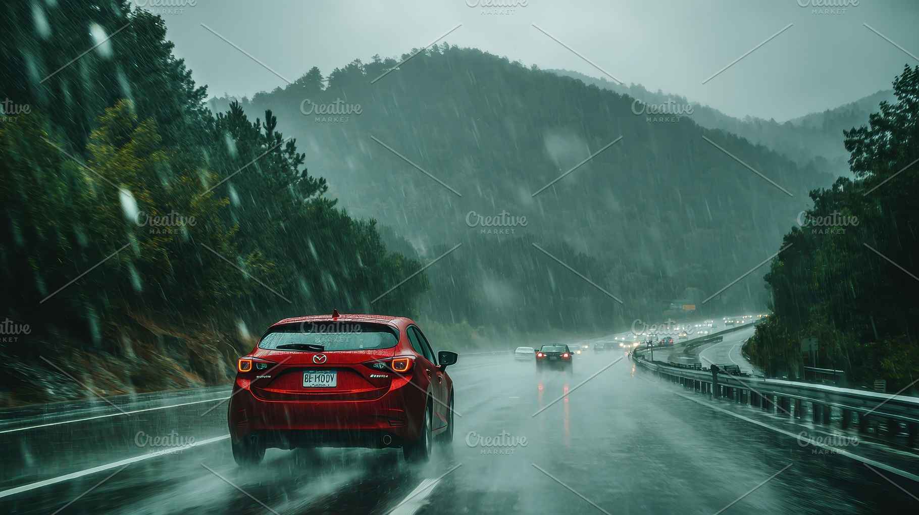 Red car driving in heavy rain on mou, a Photo by Pixeness Studio