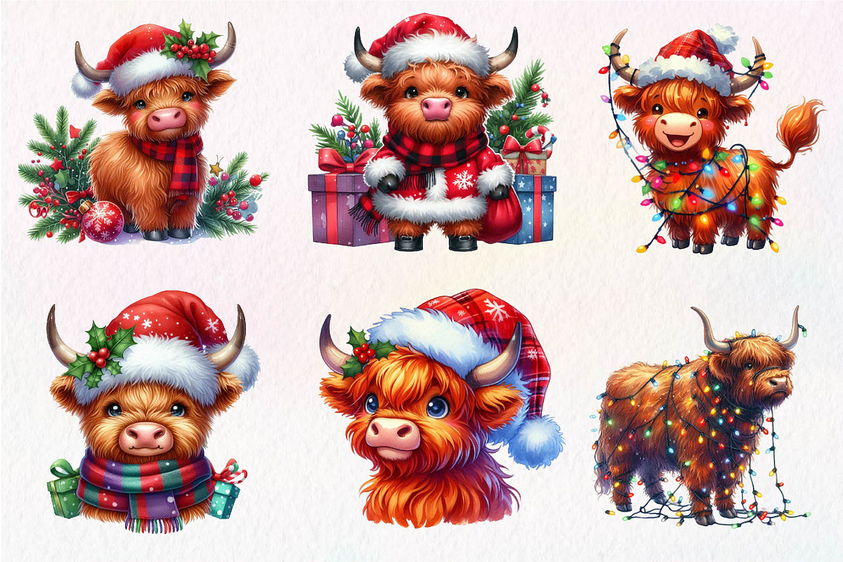 Cute Christmas Highland Cow Clipart, an Illustration by Dream Creation (Photo 4 of 7)