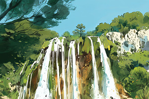 Family enjoying a day by a stunning natural cascading waterfall scene, an Illustration by AS photostudio