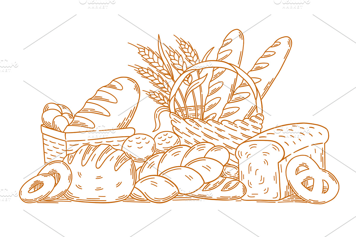 Various types of bread and bakery, a Food Illustration by Ilia Design