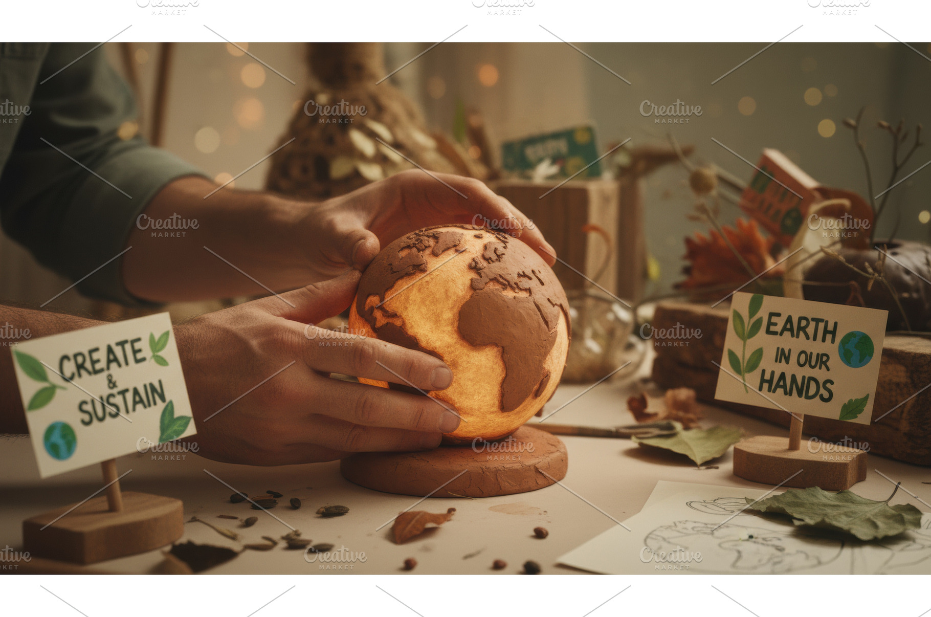 Hands shaping glowing clay earth in, an Arts & Entertainment Photo by Igor Tichonow