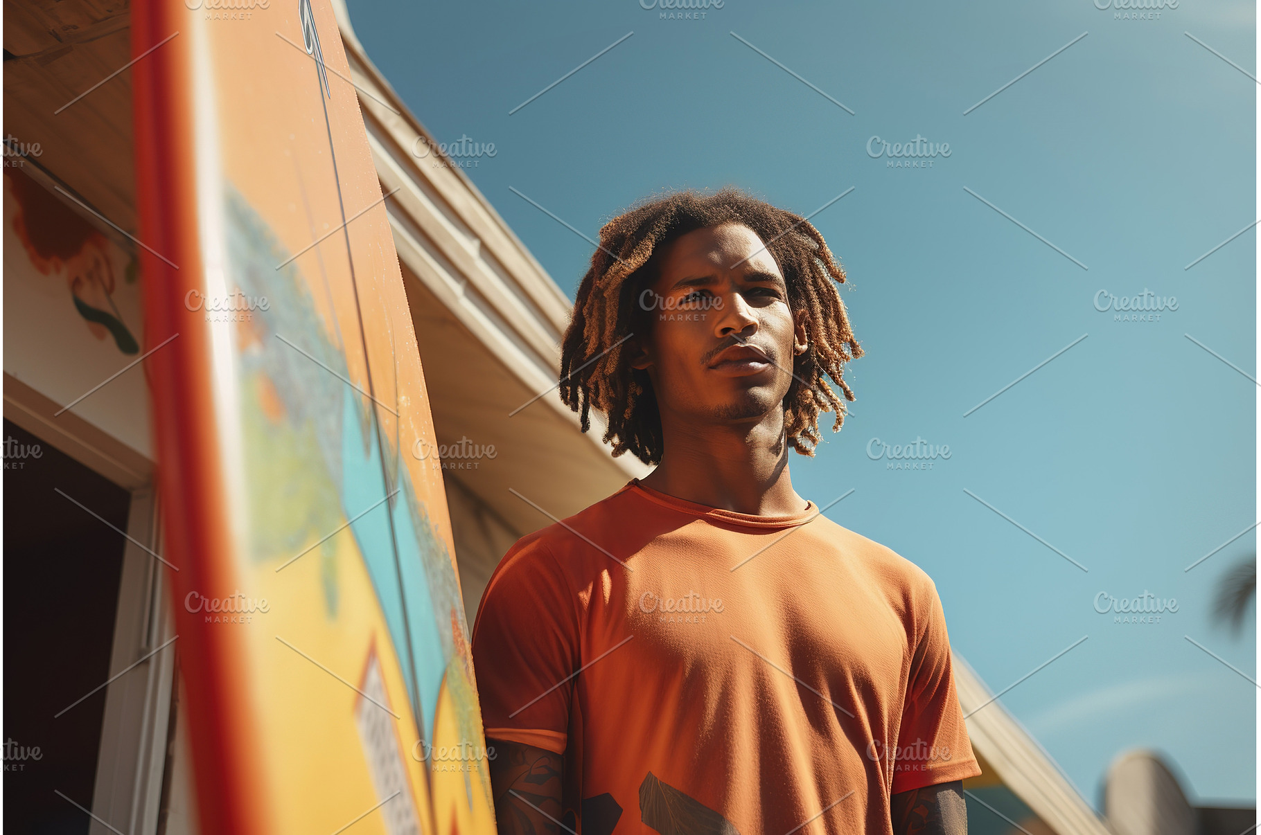 African male surfer with a surfboard, a Person Photo by Lermont51