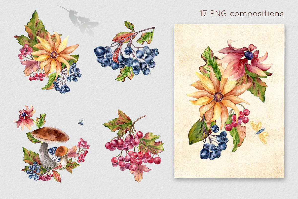 Autumn flowers watercolor clipart, an Illustration by Kate Lanbina (Photo 5 of 22)