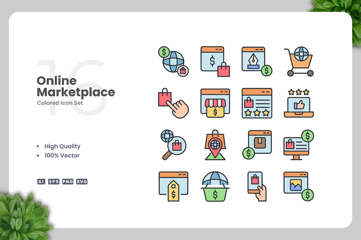 Online Marketplace Colored Icons, an Icon by Upnowgraphic