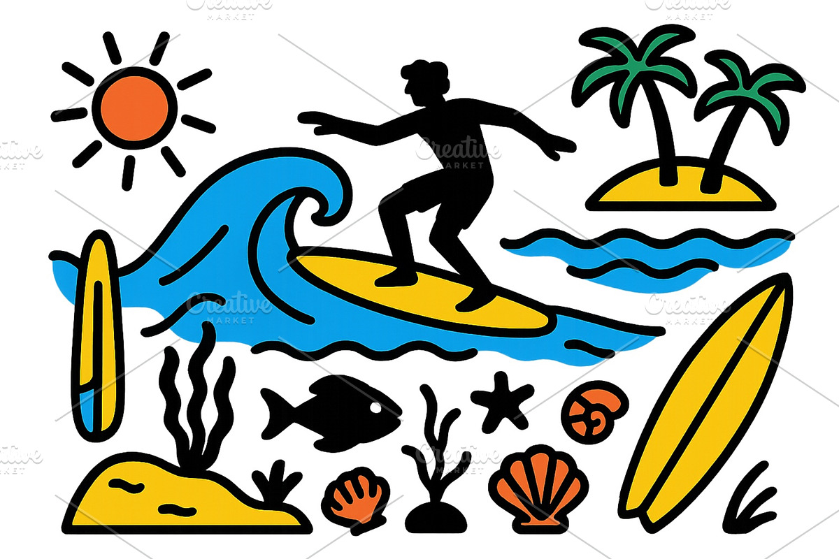 Surfer riding a wave with tropical, an Animal Illustration by ZinetroN