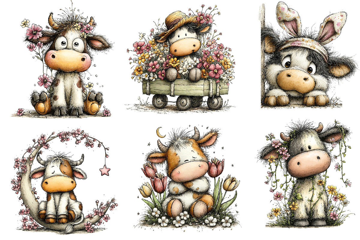 Whimsical Spring Cow Clipart, an Illustration by Dream Creation (Photo 3 of 6)