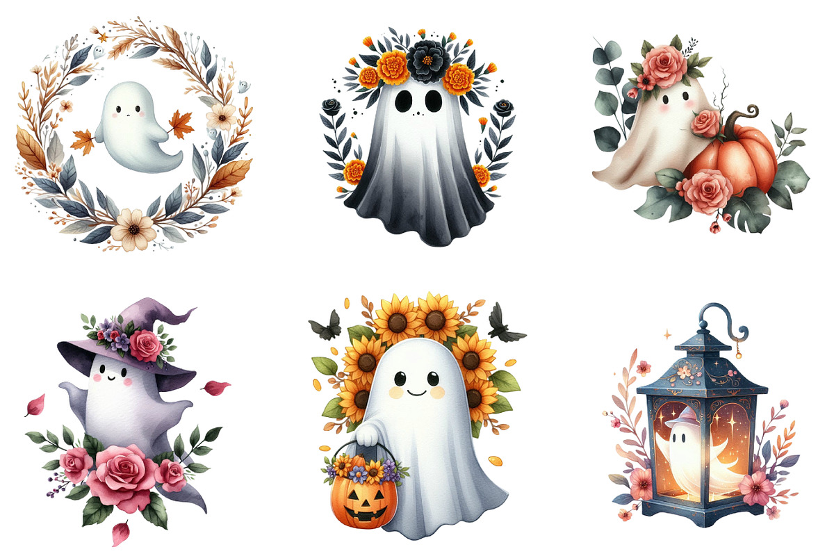 Halloween Floral Ghost Clipart, an Illustration by DreamArtGraphic (Photo 4 of 5)