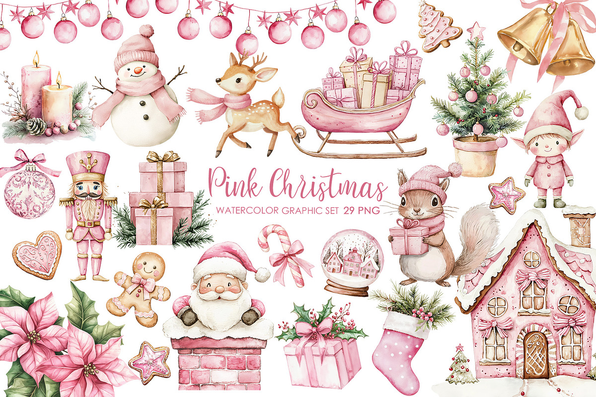 Pink Christmas watercolor clipart., a Graphic by AquarelleSpace (Photo 1 of 4)