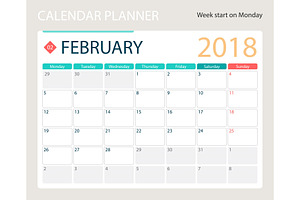 FEBRUARY 2018, Illustration Vector Calendar Or Desk Planner, Weeks Start On Monday