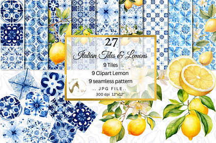 Blue Italian Watercolor Tile&Lemons, a Graphic by NiiiNArt