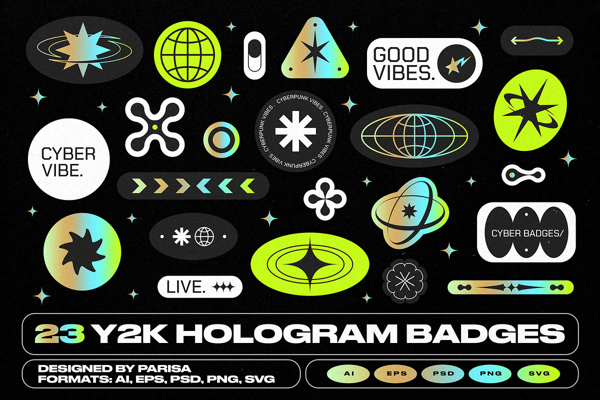 23 Y2K Hologram Badge Stickers, an Object Graphic by Parisa-Artstudio (Photo 1 of 7)