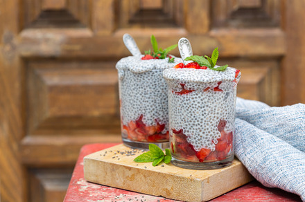 Chia pudding with fresh strawberries for breakfast, a Food & Drink Photo by Antonina Vlasova