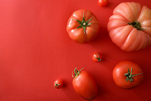 Assorted Tomatoes on Red Background, a Food & Drink Photo by Davizro's Market
