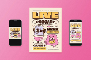 Yellow Retro Live Podcast Flyer Set, a Flyer Template by Aiyari Graphic