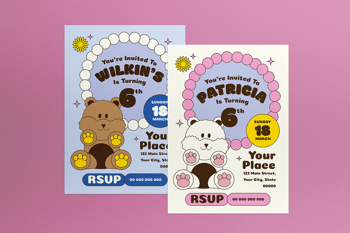 Pink Retro Kids Birthday Invitation, an Invitation Template by graphicook (Photo 1 of 3)