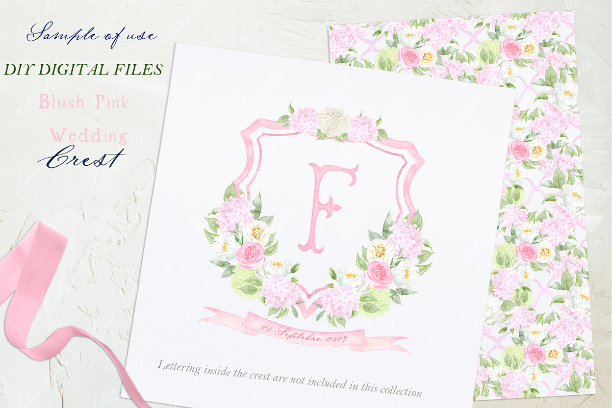 Pink Hydrangea Watercolor Crest, a Decorative Illustration by LABFcreations (Photo 3 of 4)