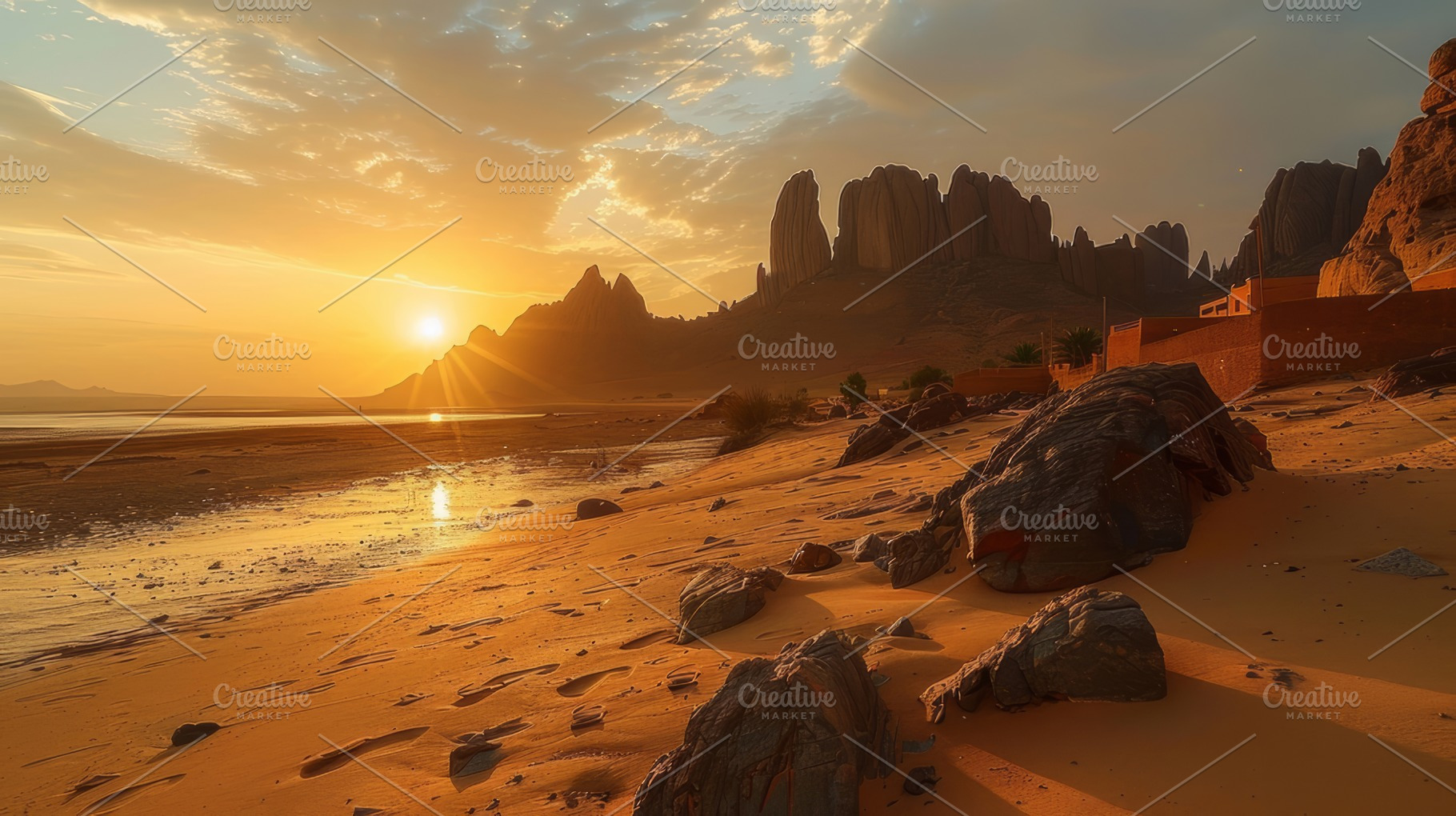 Golden Sunset Over Desert Landscape with Majestic Rock Formations and Tranquil, a Photo by AS photostudio