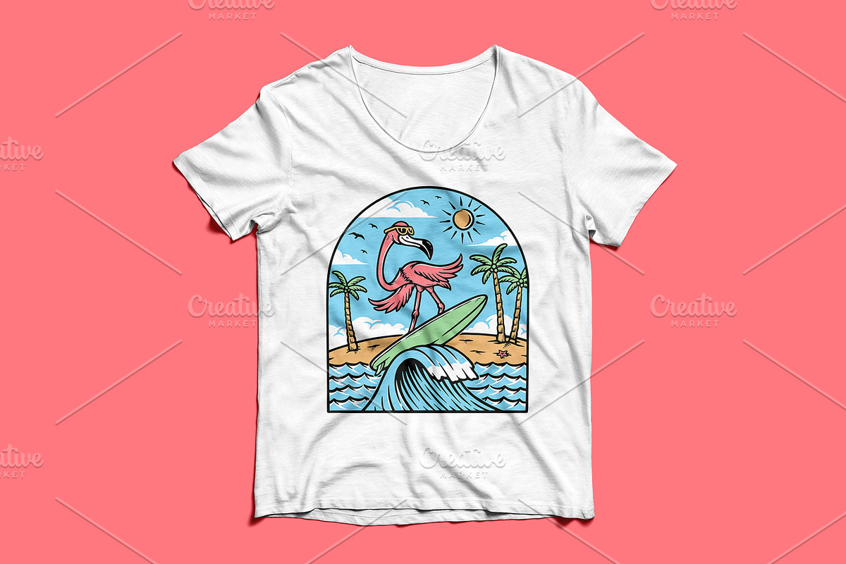 flamingo is surfing while having fun, an Animal Illustration by gunaonedesign (Photo 3 of 4)
