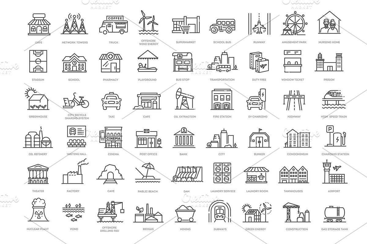 Public Infrastructure Line Icons Set, an Outline Icon by Tettygreen (Photo 2 of 2)