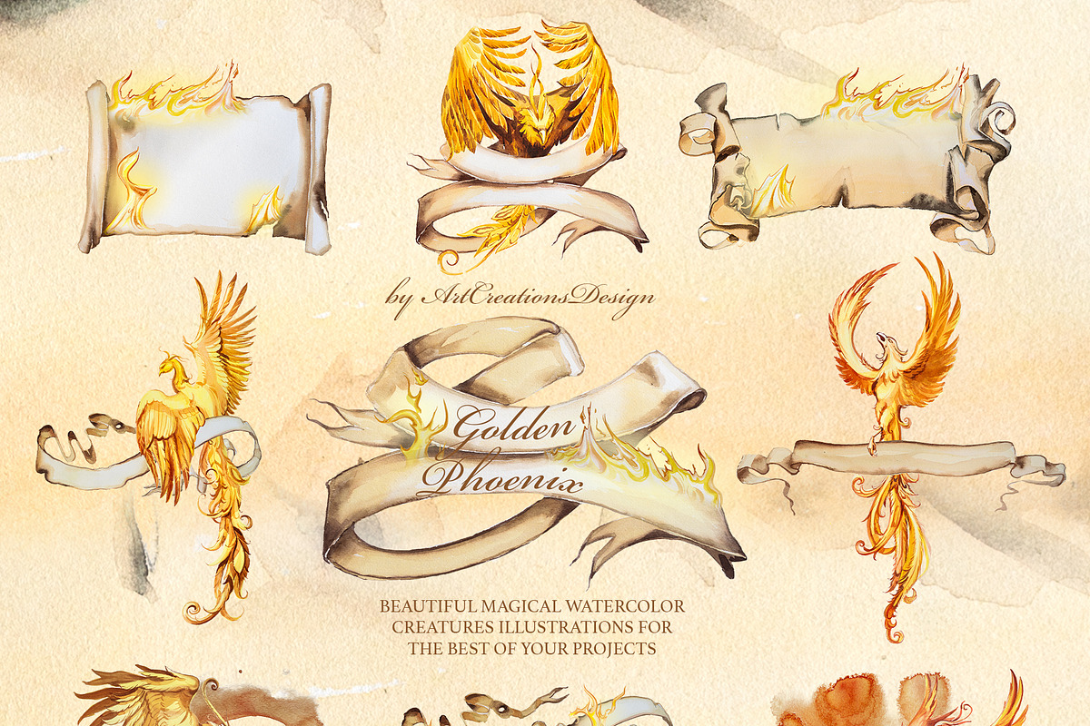 Watercolor Golden Phoenix Clipart, an Animal Illustration by ArtCreationsDesign (Photo 8 of 10)