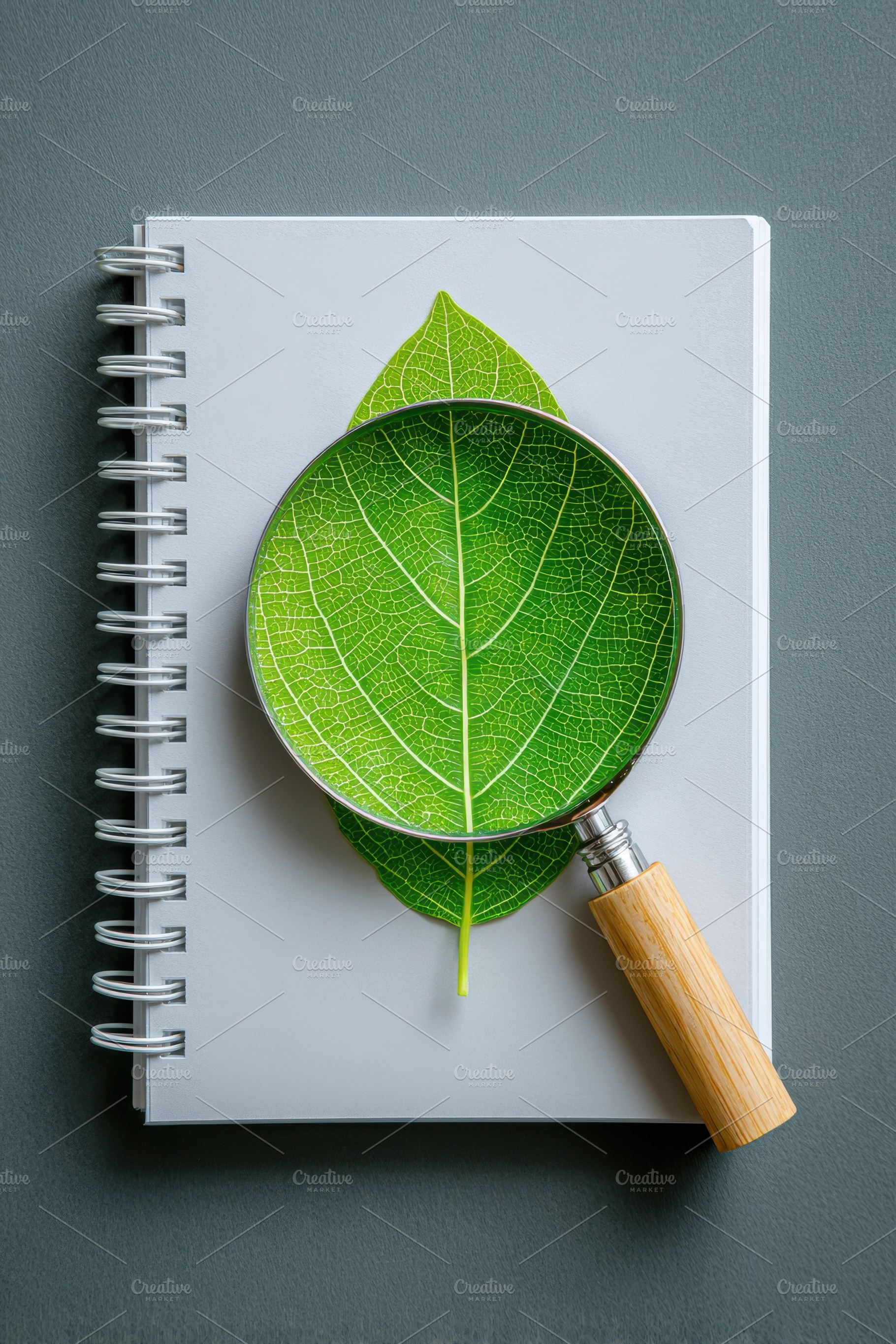 Magnified view of a green leaf with notebook, an Abstract Photo by AlyaAnd