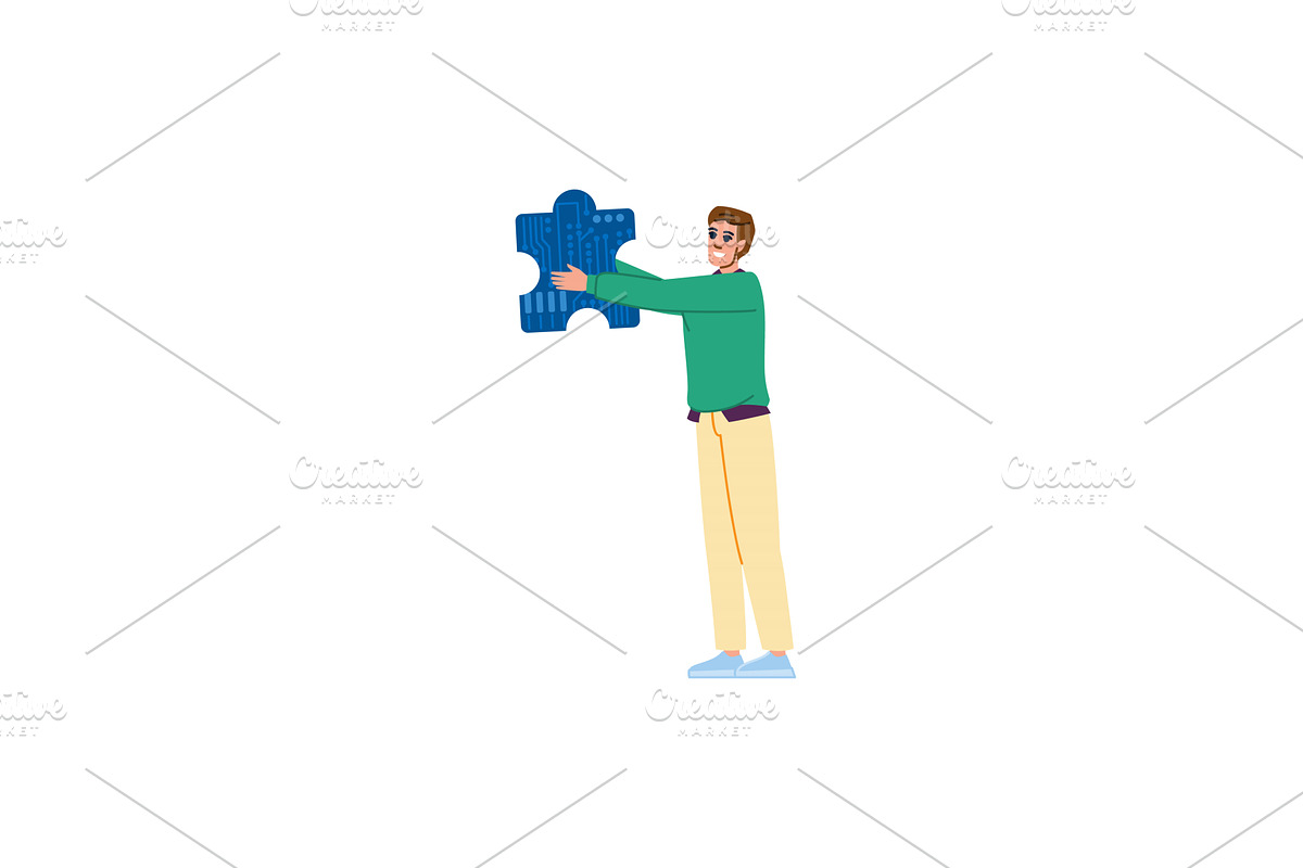 Technician holding microchip puzzle, a Technology Illustration by pikepicture