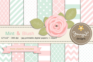 Mint and Blush Pink Digital Paper, a Pattern Graphic by JennyL Designs