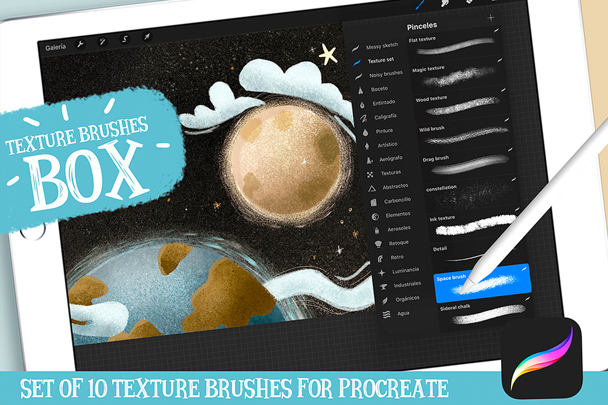 Procreate Texture Brushes Box, a Brush Add-On by Eliza Moreno Illustration