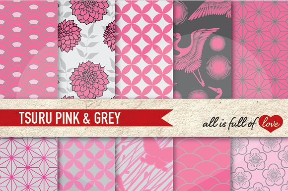 Pink Grey Japan Digital Patterns Set preview 2