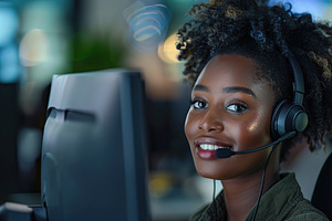 Young african american woman receptionist with headset working i, a Person Photo by AlyaAnd